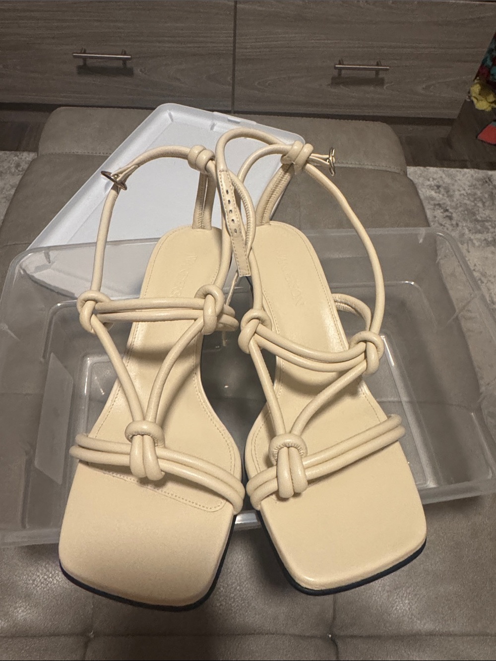 JW ANDERSON Cream Knot Strap Square-Toe Sandals